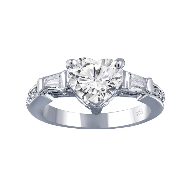 Customizable Diamond Rings-Rhodium Plated 925 Sterling Silver Clear CZ Heart Bridal Ring - BGR00388