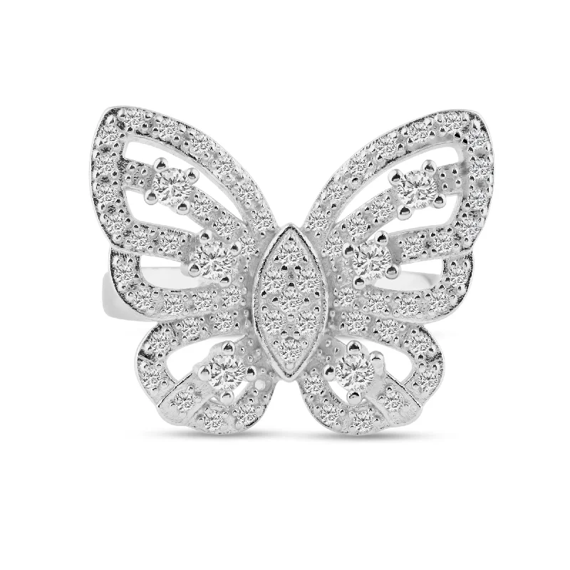 Unique Diamond Rings-Silver 925 Rhodium Plated Pave Set CZ Butterfly Ring - STR00451