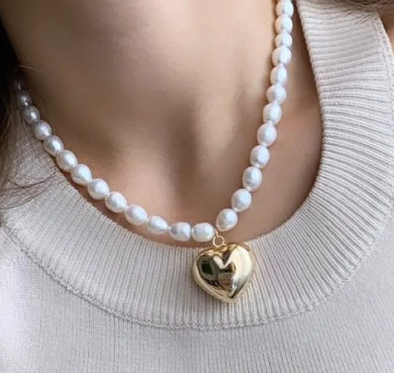 Bridal Necklaces-Pearl Gold Heart Necklace