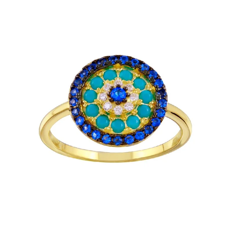 High-Quality Silver Rings-Gold Plated 925 Sterling Silver Turquoise Blue Clear CZ Round Evil Eye Ring - BGR01336