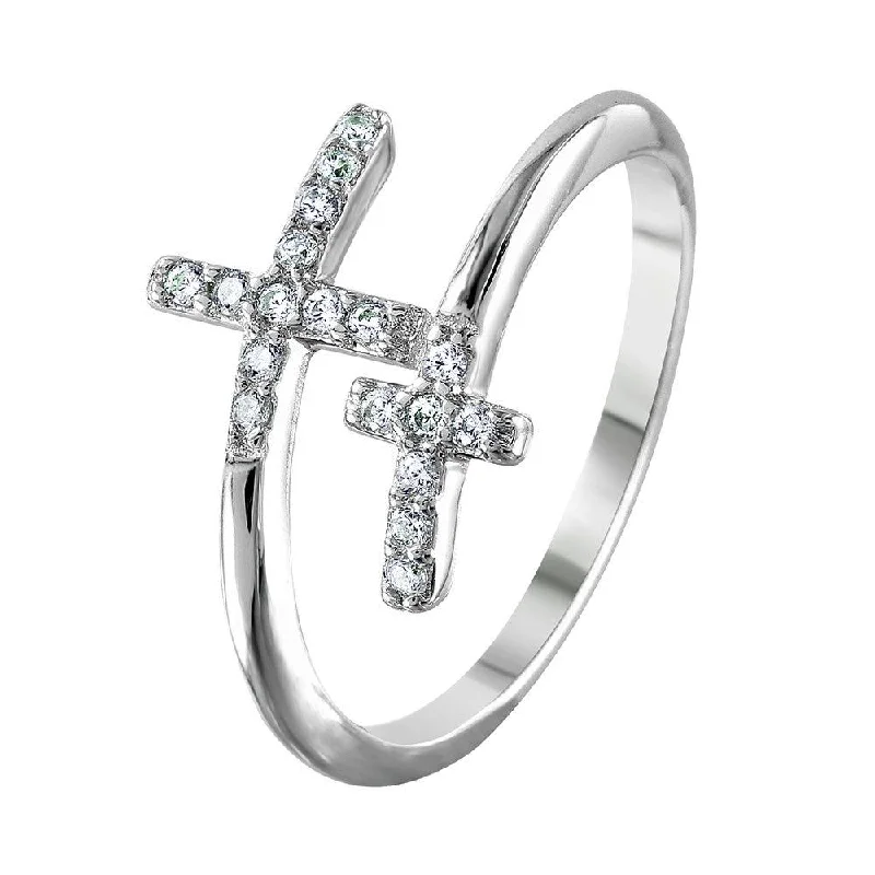 Affordable Diamond Rings-Silver 925 Rhodium Plated Double CZ Cross Ring - BGR01013