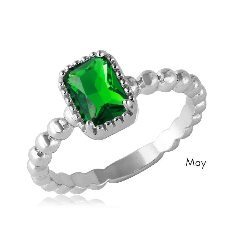 Silver Gemstone Rings-May Sterling Silver 925 Rhodium Plated Beaded Shank Square Center Birthstone Ring - BGR01081MAY