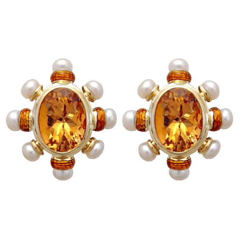 Bold Drop Earrings-Earrings- Citrine And Pearl(enamel) (1784A)