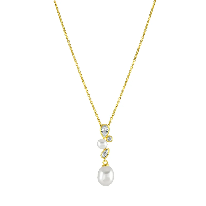 Simple Heart Necklaces-Gold Vermeil Pearl Cubic Zirconia Pendant Necklace