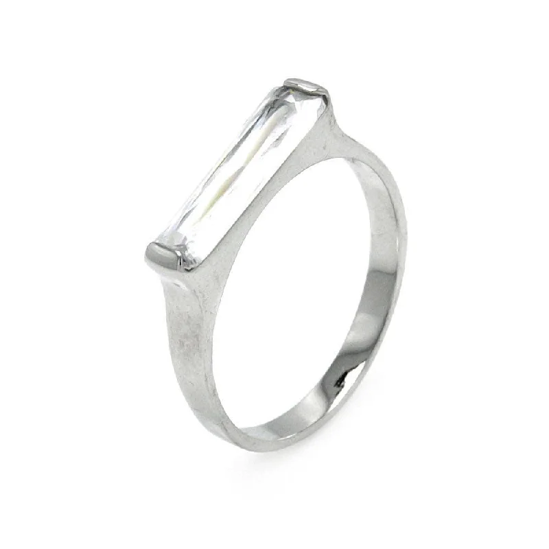 Simple Wedding Bands-Clearance-Silver 925 Rhodium Plated Long Clear CZ Bar Ring - BGR00003CLR