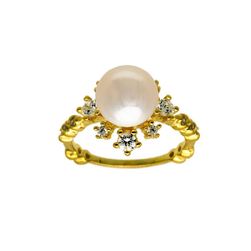 Colored Gemstone Rings-Gold Plated 925 Sterling Silver White Pearl Flower Ring with CZ - BGR01300