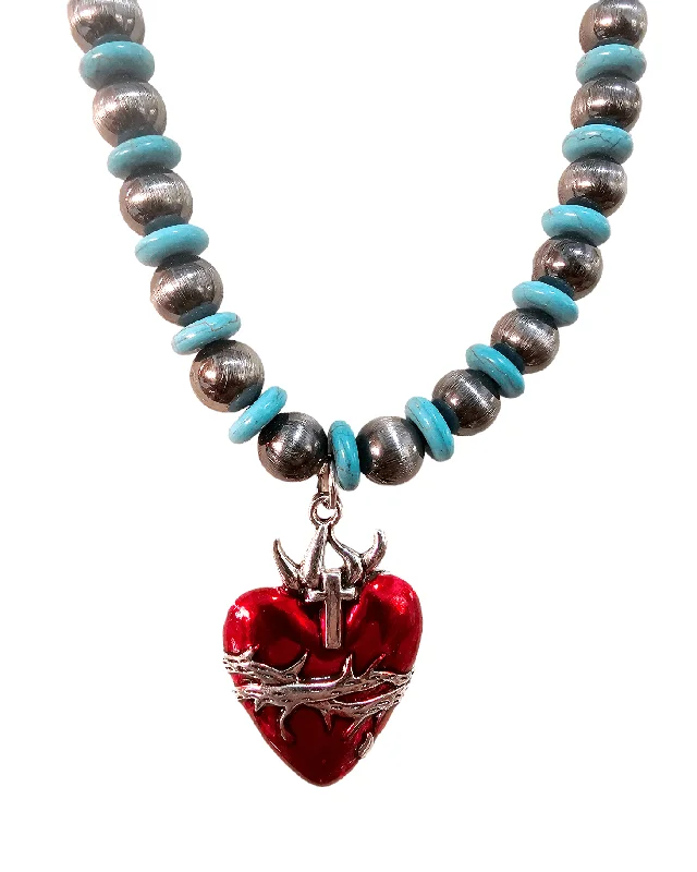 Unique Pendant Necklaces-Sacred Heart Enamel Turquoise Necklace