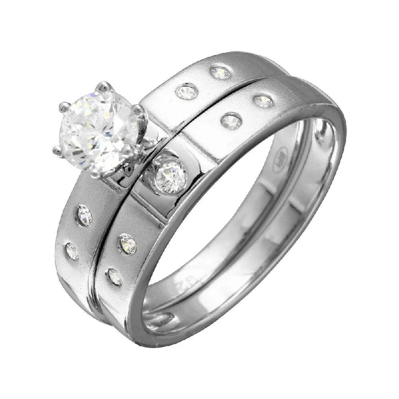 Colorful Wedding Rings-Half Matte Finish Rhodium Plated 925 Sterling Silver  CZ Trio Bridal Ring - GMR00142