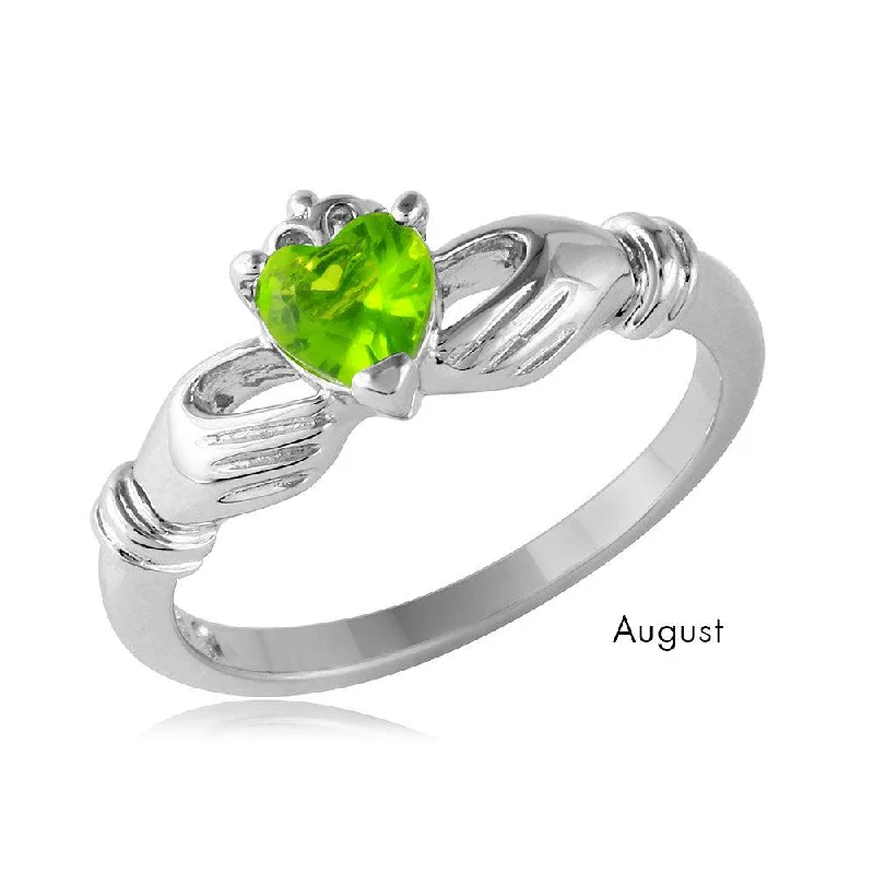 Gold Diamond Rings-August Sterling Silver 925 Rhodium Plated CZ Center Birthstone Claddagh Ring - BGR01083AUG