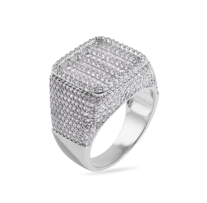 Customizable Bridal Rings-Rhodium Plated 925 Sterling Silver Statement Baguette Clear CZ Studded Square Top 17.5mm Ring - GMR00385