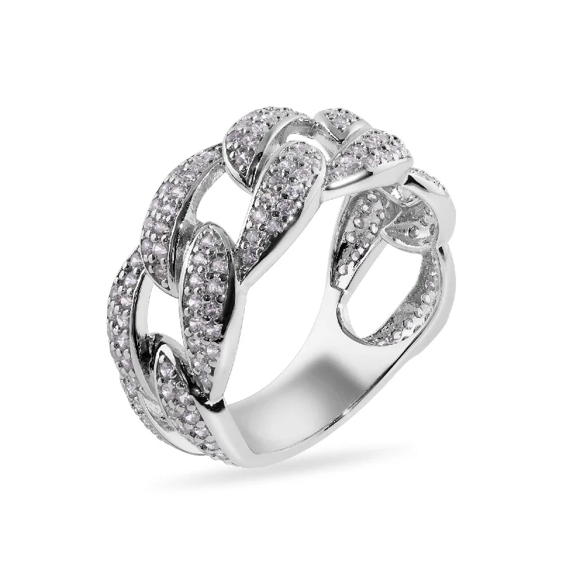 Bohemian Style Rings-Rhodium Plated 925 Sterling Silver Curb Clear CZ 11.2mm Ring - GMR00396