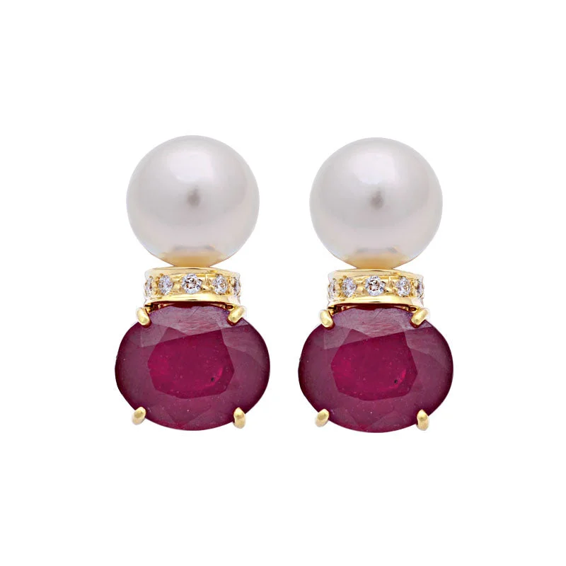 Silver Diamond Earrings-Earrings-Glass Filled Ruby, South Sea Pearl and Diamond