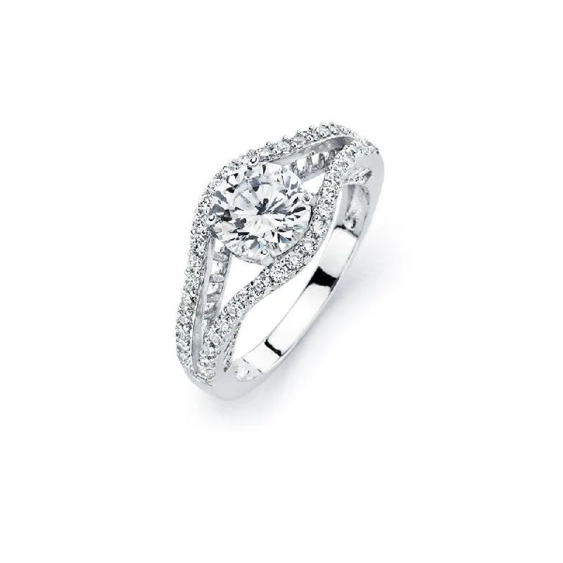 Affordable Engagement Rings-Silver 925 Rhodium Plated Round Clear Pave Set CZ Bridal Ring - BGR00447