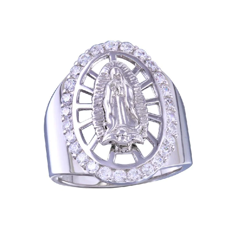 Sparkly Engagement Rings-Rhodium Plated 925 Sterling Silver Oval CZ Lady of Guadalupe Center Ring - GMR00256RH