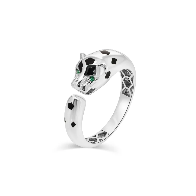 Stylish Wedding Rings-Rhodium Plated 925 Sterling Silver Panther Emerald Green CZ Eye Black Enamel Ring - GMR00431