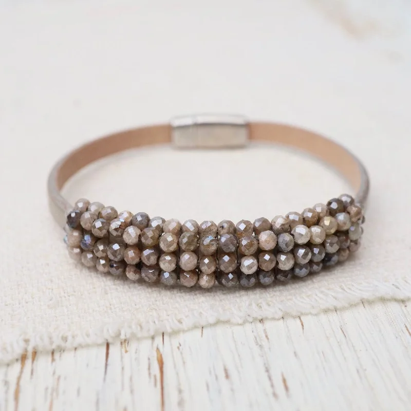 Fashionable Tennis Bracelet Sets-Mystic Brown Labradorite & Champagne Leather Bracelet