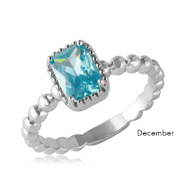 Modern Wedding Rings-December Sterling Silver 925 Rhodium Plated Beaded Shank Square Center Birthstone Ring - BGR01081DEC