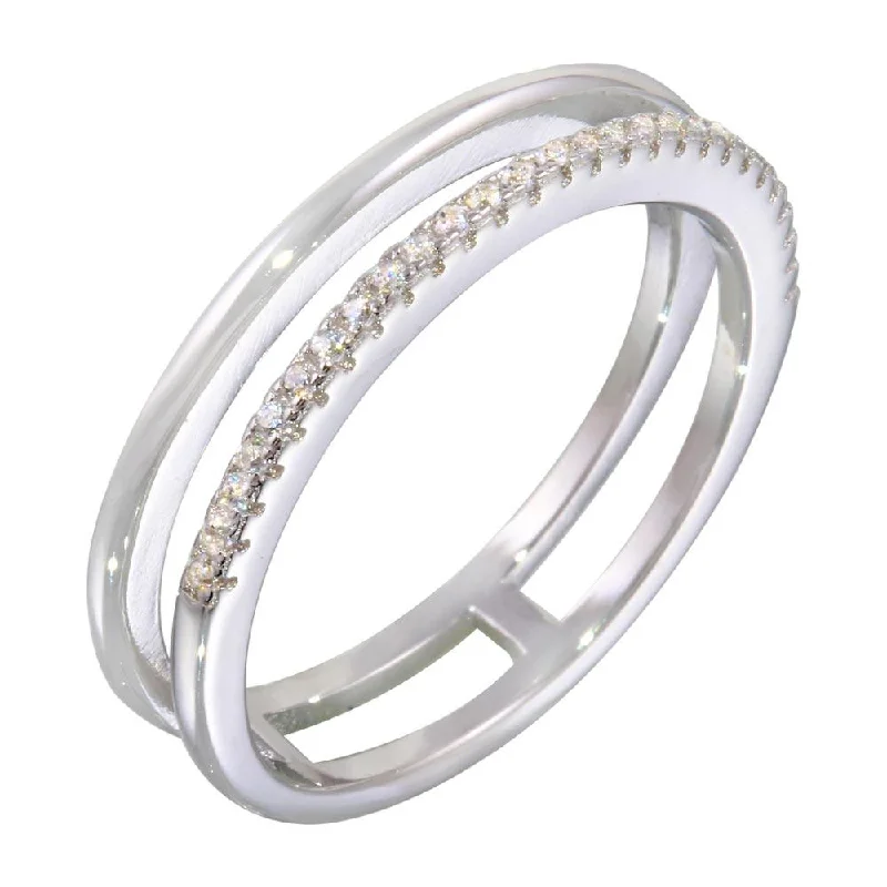 Unique Wedding Rings-Rhodium Plated 925 Sterling Silver Two Row Ring with CZ - STR01077