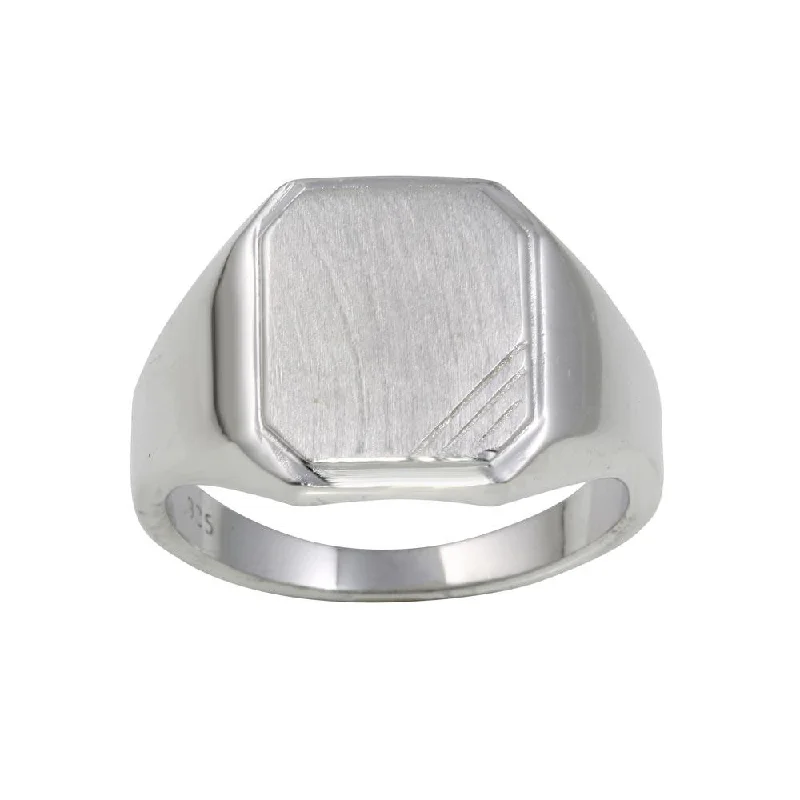 Luxury Silver Rings-Rhodium Plated 925 Sterling Silver Men's Engravable Octagon Ring with Matte Finish - BGR01241