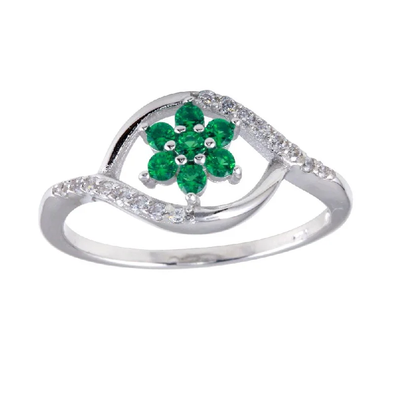 Personalized Gemstone Wedding Rings-Rhodium Plated 925 Sterling Silver Wave Green Center Flower CZ Ring - BGR01252GRN