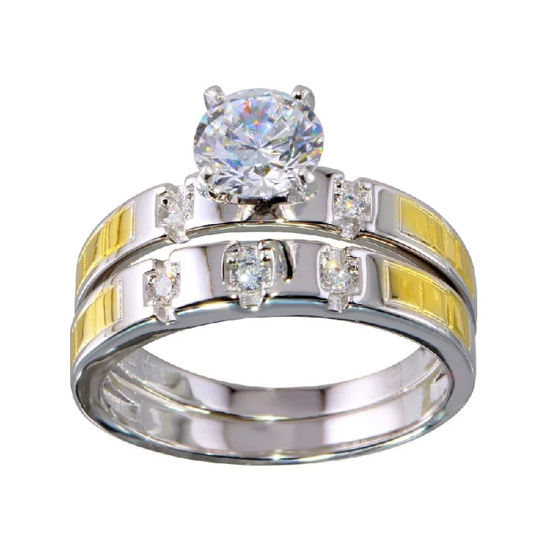 Designer Gold Rings-Two-Tone 925 Sterling Silver Stackable CZ Double Ring - GMR00264RG