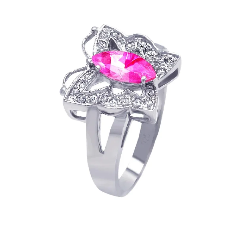 Handcrafted Engagement Rings-Silver 925 Rhodium Plated Pink Marquise Center Clear CZ Butterfly Ring - AAR0030