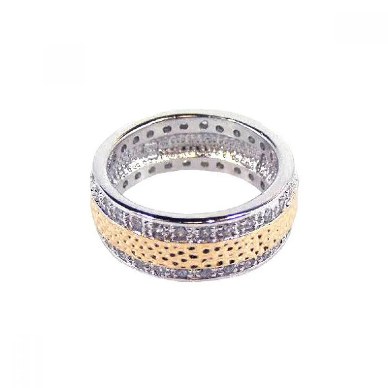 High-End Diamond Rings-Clearance-Silver 925 Two Tone Rhodium and Gold Plated Channel Set Clear CZ Hammered Eternity Ring - BGR00073