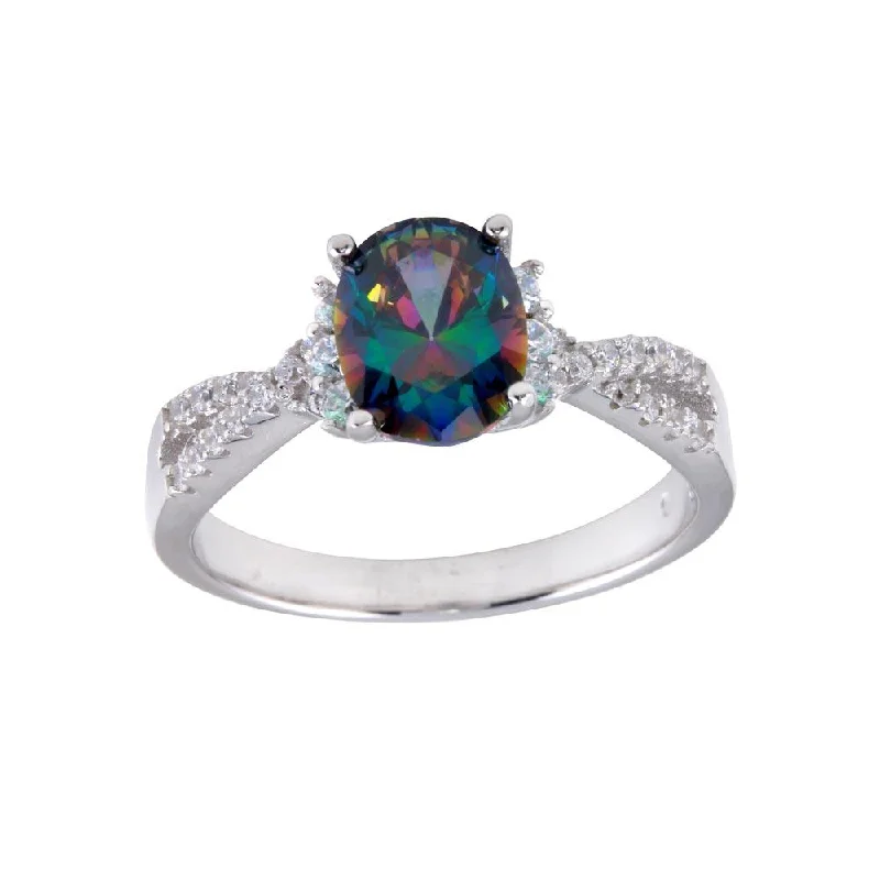 Unique Gold Rings-Rhodium Plated 925 Sterling Silver Oval Solitaire Synthetic Mystic Topaz CZ Band Ring - BGR01248