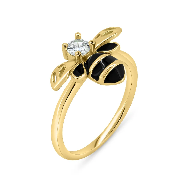 Elegant Silver Wedding Bands-Gold Plated 925 Sterling Silver Bee Clear CZ Ring - BGR01366