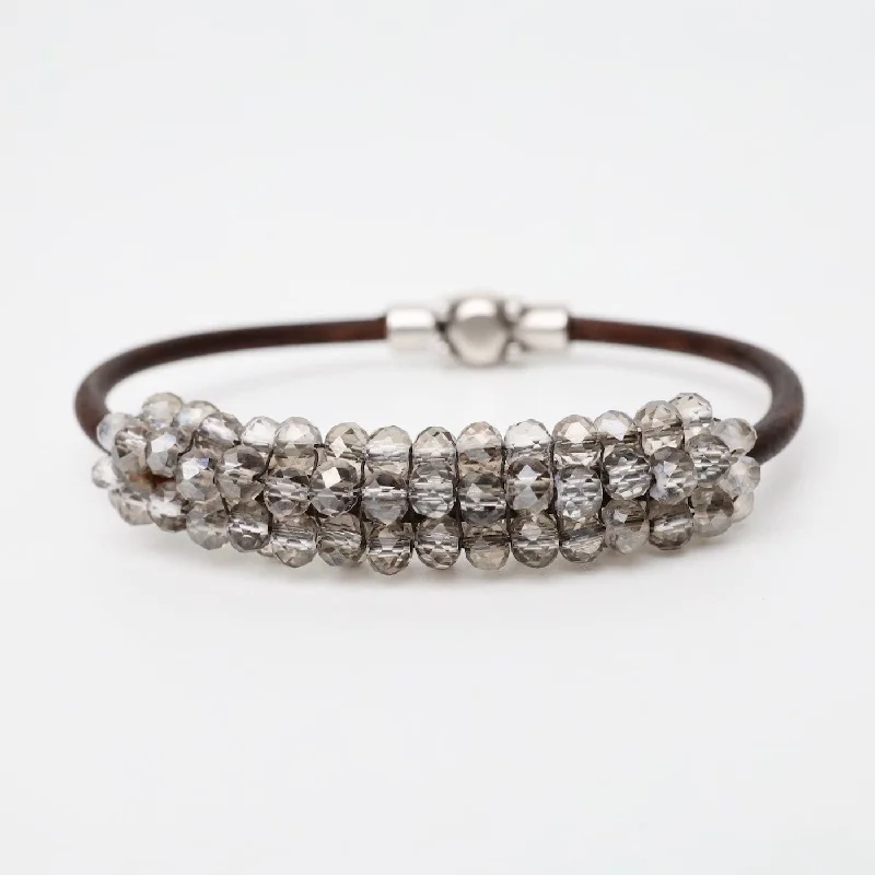 Gold Bracelet Sets-Smokey Grey Crystals Leather Bracelet