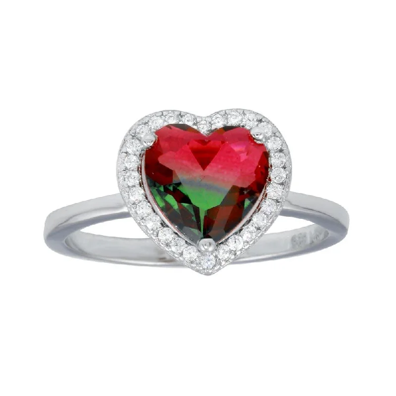 Designer Wedding Bands-Rhodium Plated 925 Sterling Silver Heart Green to Red Gradient CZ Ring - STR01111