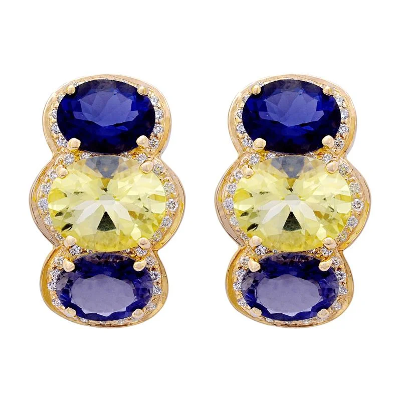 Trendy Earrings for Women-Earrings- Iolite, Lemon Quartz and Diamond  (27EM)