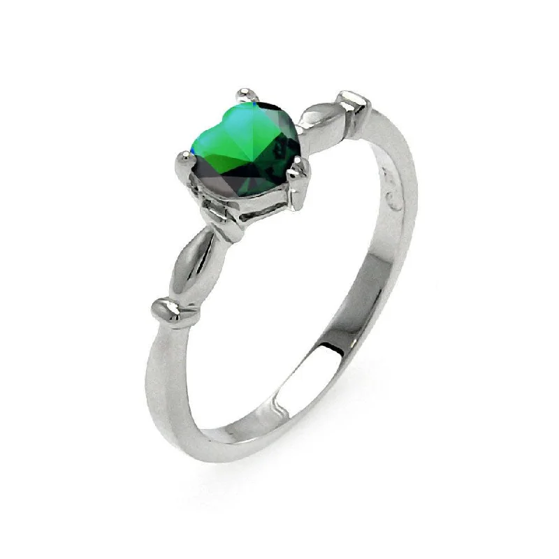 Fashionable Statement Rings-Rhodium Plated 925 Sterling Silver CZ Heart Green May Ring - BGR00521MAY