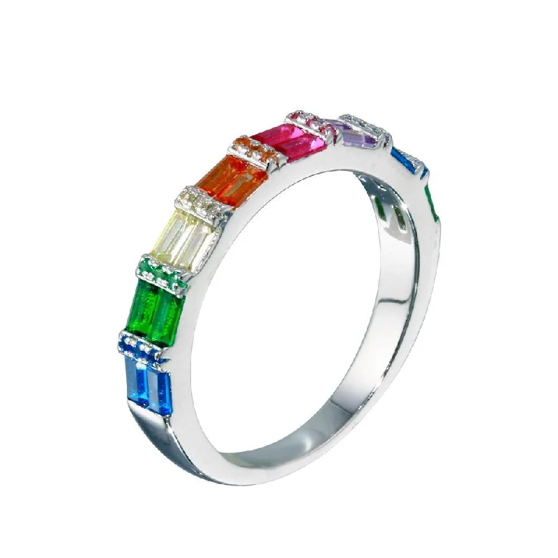 Stylish Gemstone Rings-Rhodium Plated 925 Sterling Silver Multi Color Half Eternity CZ Ring - STR01117