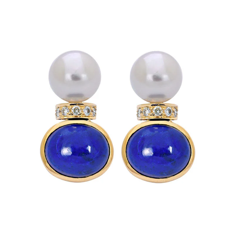 Diamond Stud Earrings-Earrings- Lapis Lazuli, South Sea Pearl and Diamond