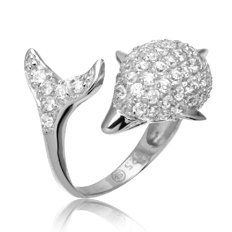 Unique Wedding Rings-Silver 925 Rhodium Plated Dolphin Encrusted CZ Ring - STR00565