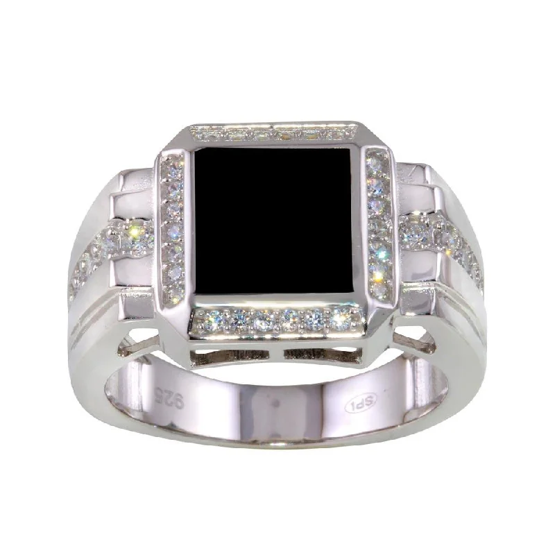 Personalized Silver Rings-Rhodium Plated 925 Sterling Silver Square Ring with CZ - GMR00253