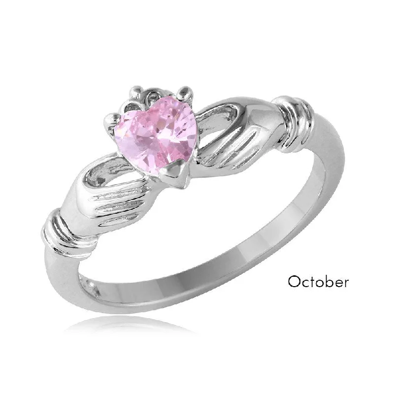 Luxury Bridal Rings-October Sterling Silver 925 Rhodium Plated CZ Center Birthstone Claddagh Ring - BGR01083OCT