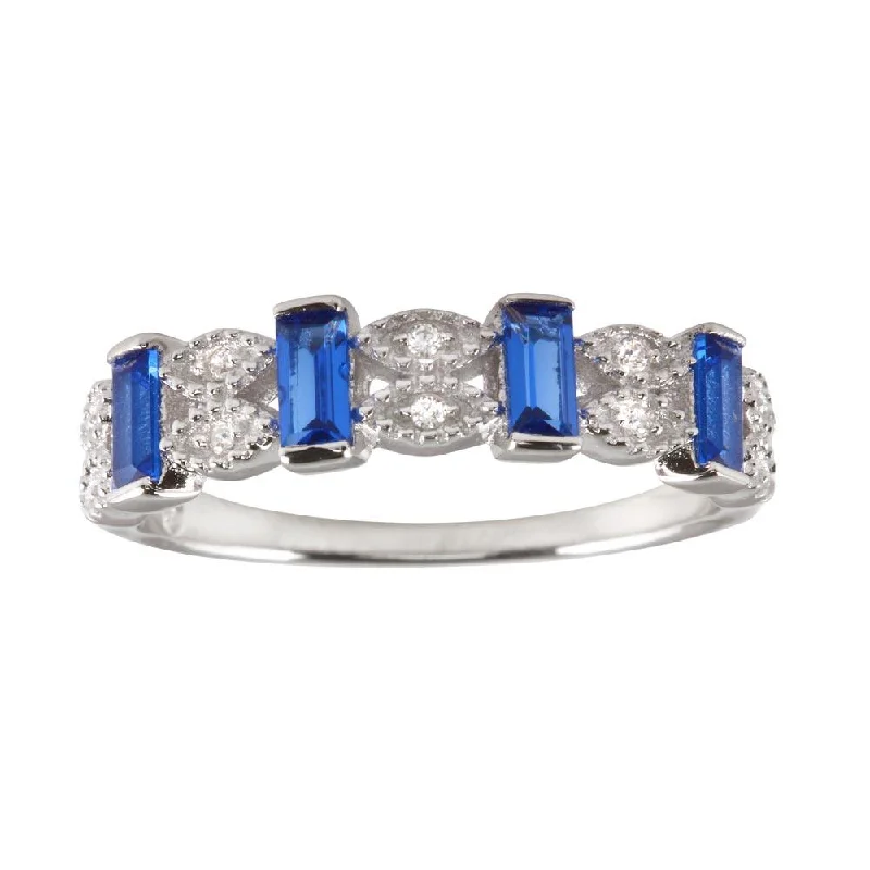 Bridal Rings-Rhodium Plated 925 Sterling Silver Blue Bar CZ Link Ring  - BGR01223BLU