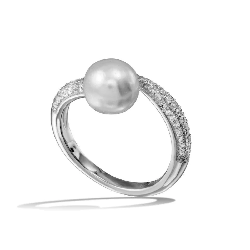 Fine Gold Rings-Rhodium Plated 925 Sterling Silver CZ Fresh Water Pearl Center Ring - BGR01124