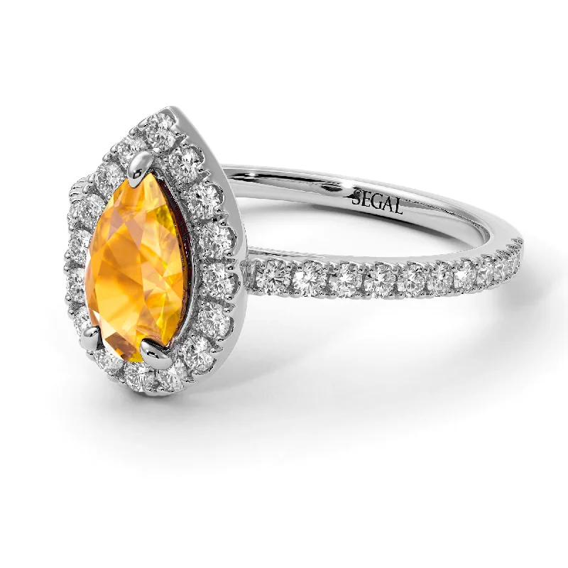 Simple Diamond Wedding Bands-Pear Shaped Halo Yellow Diamond Ring - Janet No. 1003