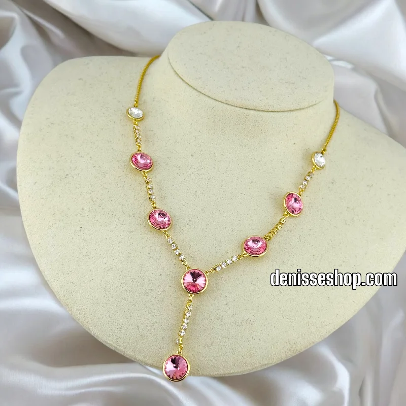 Handmade Gold Necklaces-14K / WOMEN PINK AND WHITE STONES NECKLACE N95