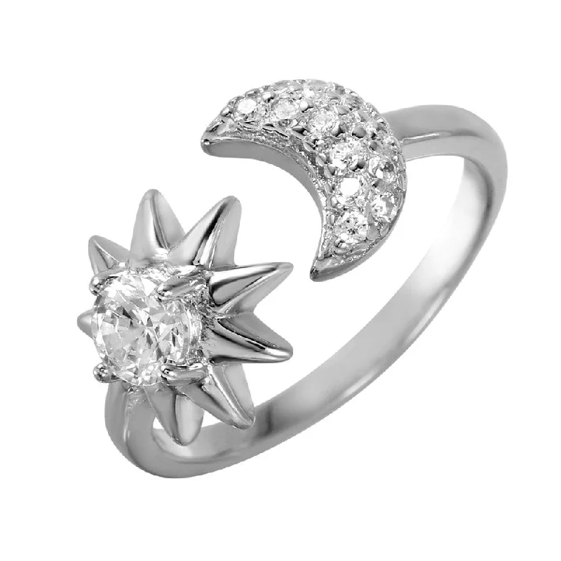 Unique Gold Rings-Silver 925 Rhodium Plated Sun and Moon Open Ring with CZ Accents - BGR00986