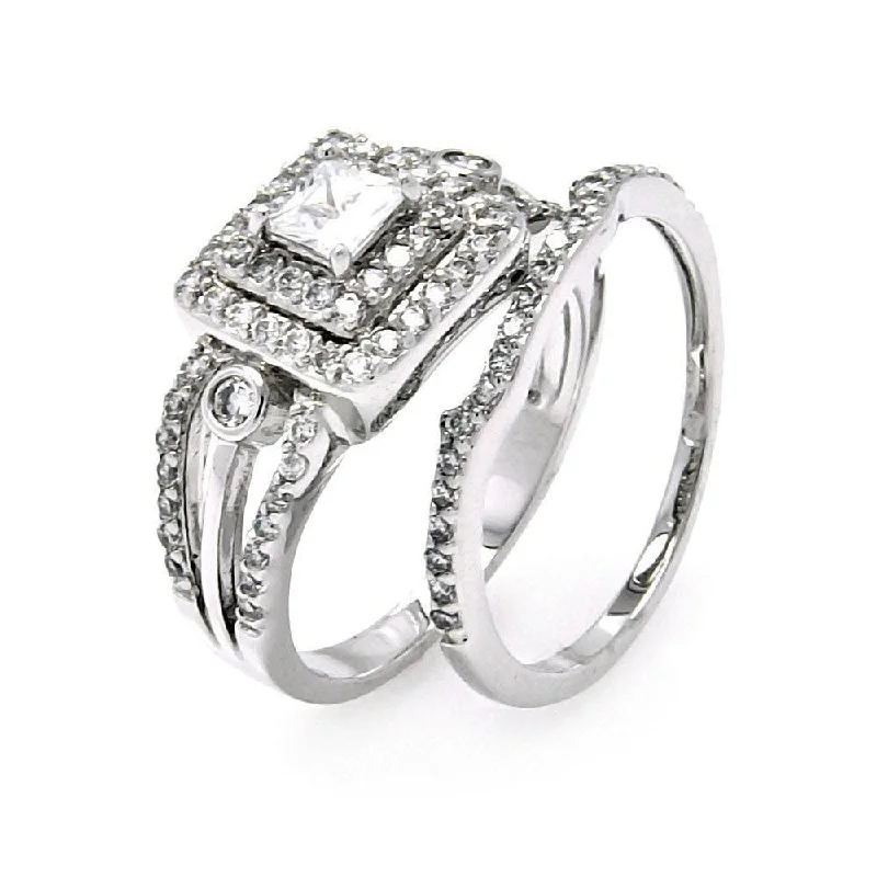 Modern Gold Rings-Silver 925 Rhodium Plated Clear CZ Bridal Multi Layer Square Ring Set - BGR00456