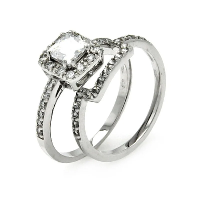 Unique Engagement Rings-Silver 925 Rhodium Plated Princess Cut Clear CZ Square Bridal Ring Set - BGR00453