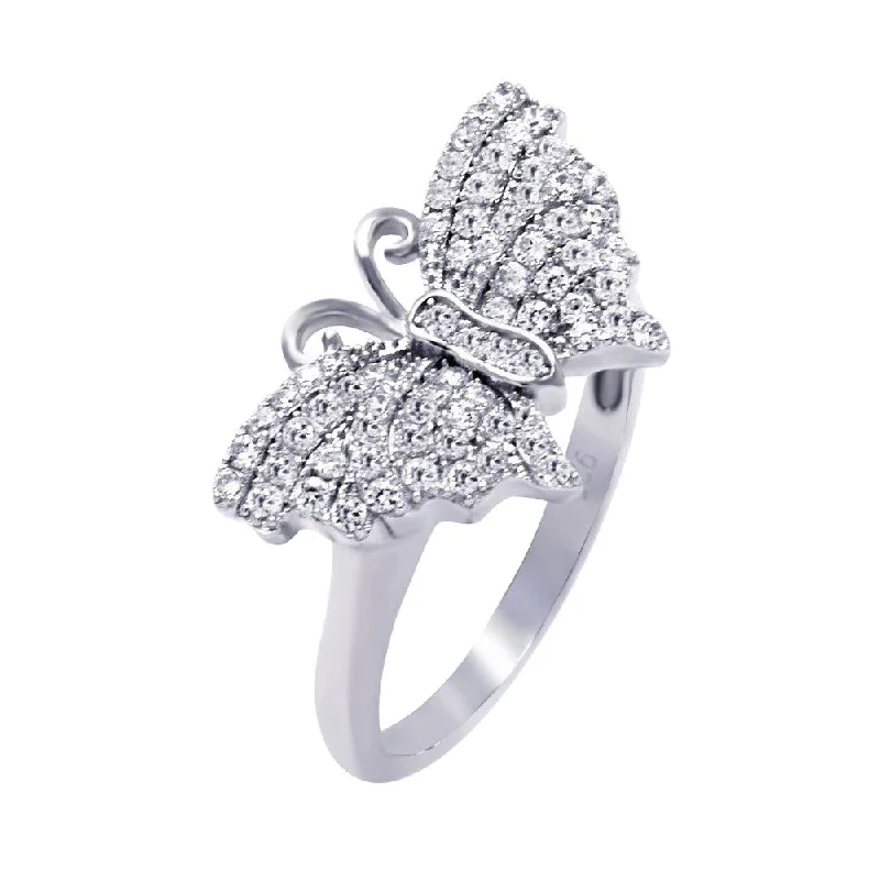 Bridal Engagement Rings-Silver 925 Rhodium Plated Micro Pave CZ Butterfly Ring - ACR00048