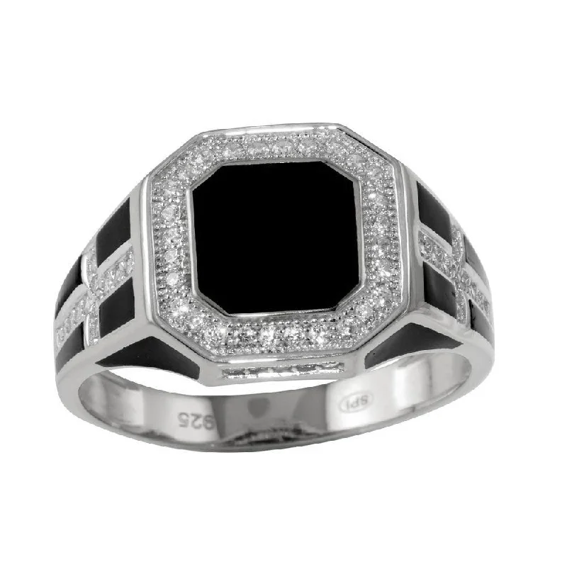 Elegant Silver Rings-Rhodium Plated 925 Sterling Silver Square Cross Ring with CZ - GMR00248RH