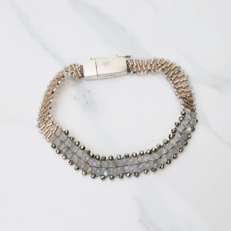 Personalized Silver Link Bracelets-Hand Woven Soft Bracelet of Labradorite with Pyrite