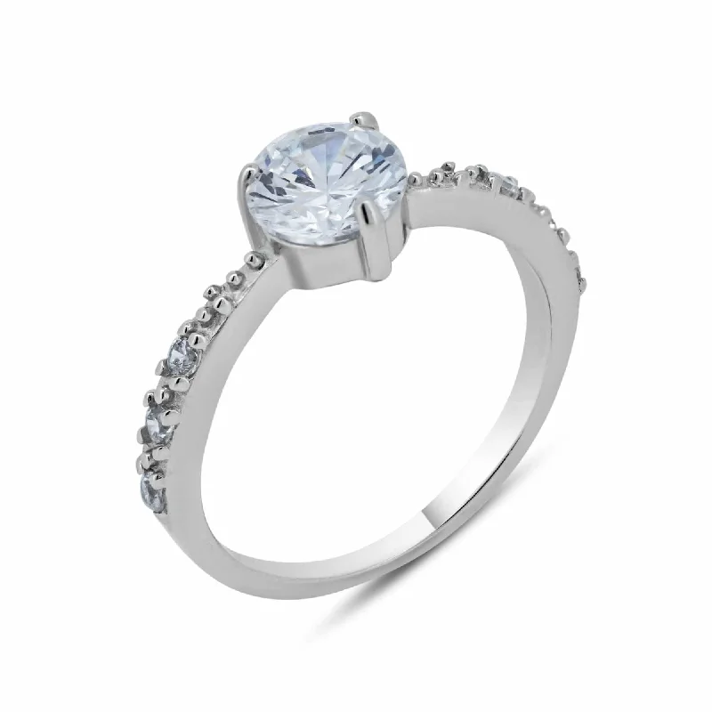 Simple Gemstone Rings-Silver 925 Rhodium Plated Round Center Clear CZ Bridal Ring - BGR00539