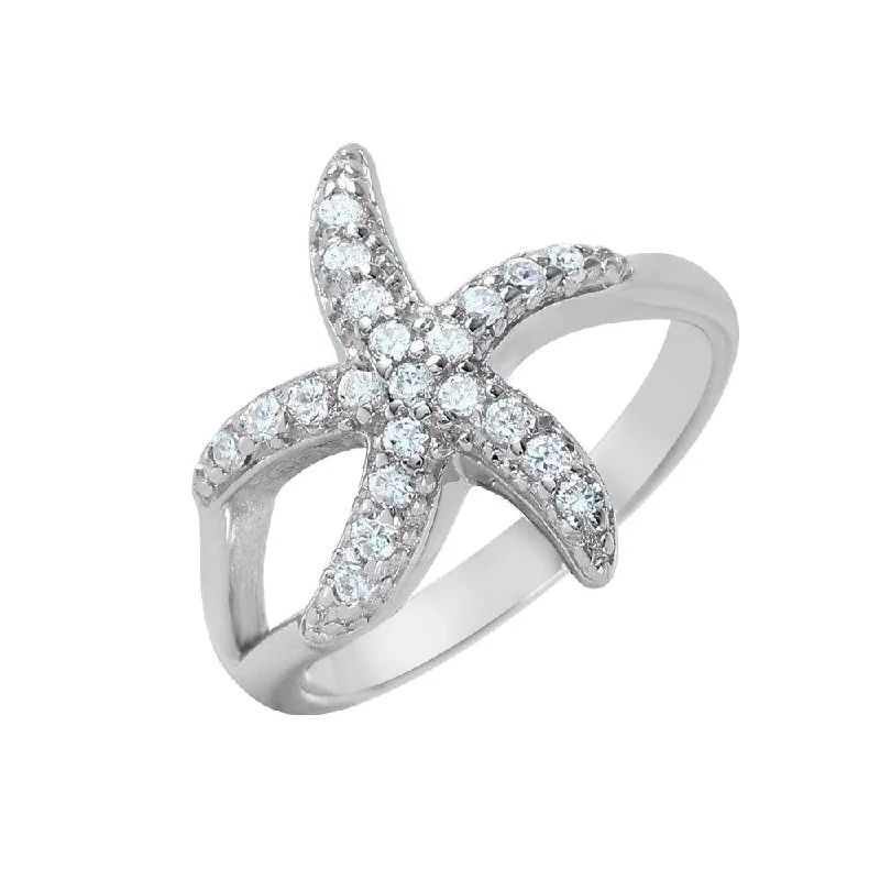 Modern Diamond Rings-Silver 925 Rhodium Plated Clear Pave Set CZ Skinny Starfish Ring - BGR00949